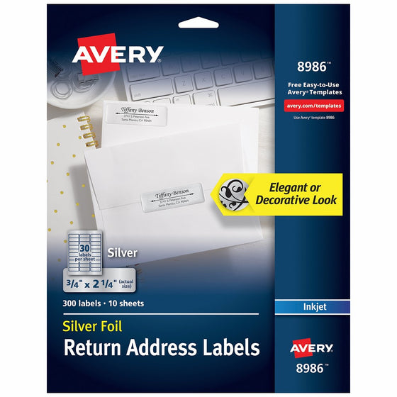 Avery Silver Address Labels for Inkjet Printers, 3/4" x 2-1/4", 300 Labels (8986)