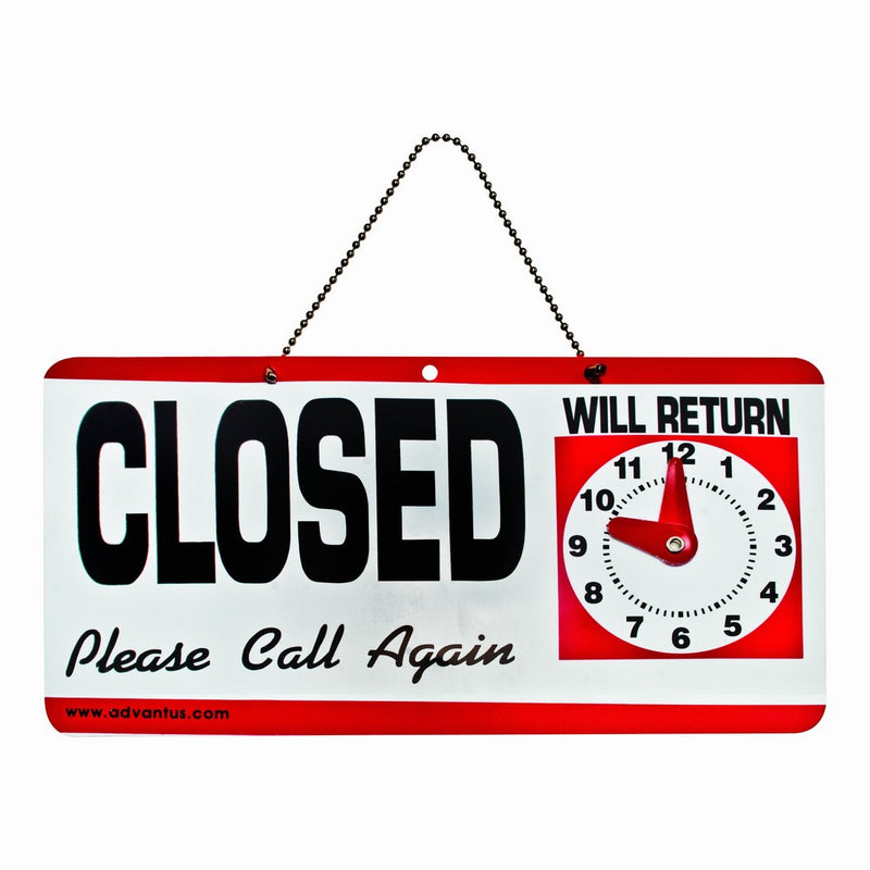 ADVANTUS 2-Sided Open/Closed with Hand Clock Sign, 11.5 x 6 Inches, Black/White/Red (83636)