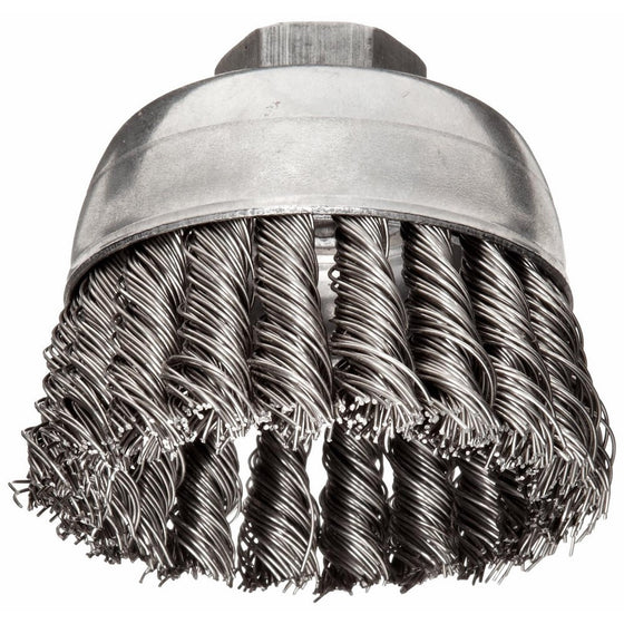 Weiler Wire Cup Brush, Threaded Hole, Stainless Steel 302, Partial Twist Knotted, 2-3/4" Diameter, 0.02" Wire Diameter, 10x1.25 mm Arbor, 1" Bristle Length, 14000 rpm (Pack of 1)