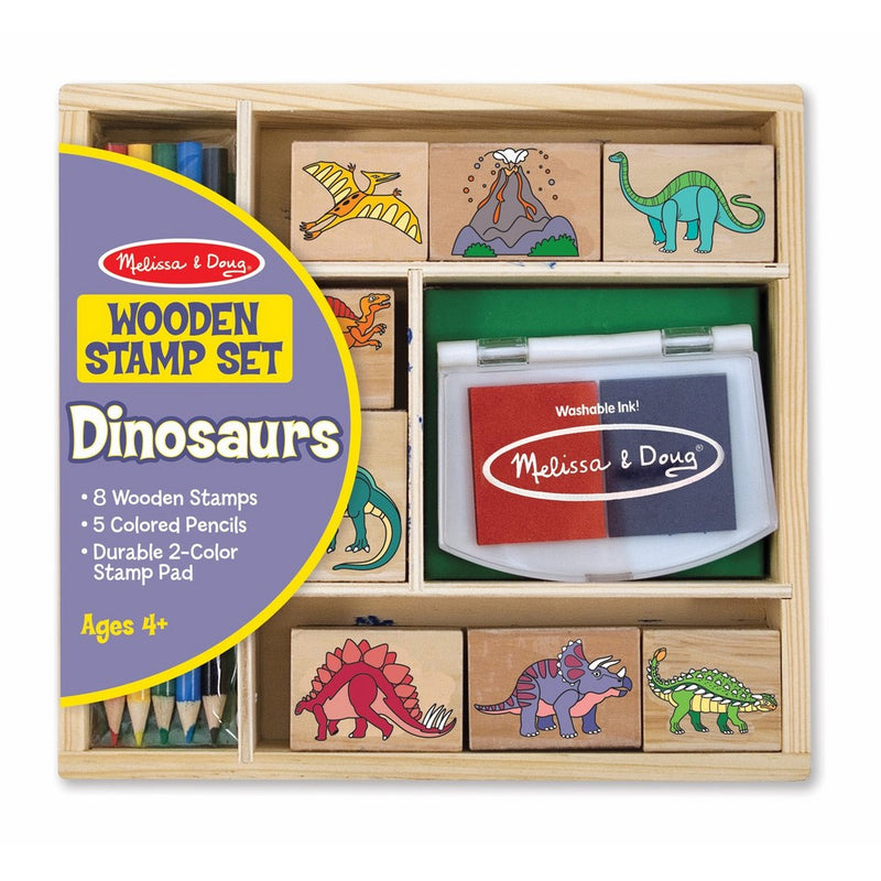 Melissa & Doug Wooden Stamp Set: Dinosaurs - 8 Stamps, 5 Colored Pencils, 2-Color Stamp Pad