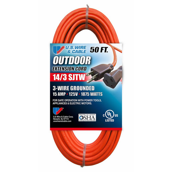 U.S. Wire And Cable 63050 14/3 50-Foot SJTW Orange Medium Duty Extension Cord