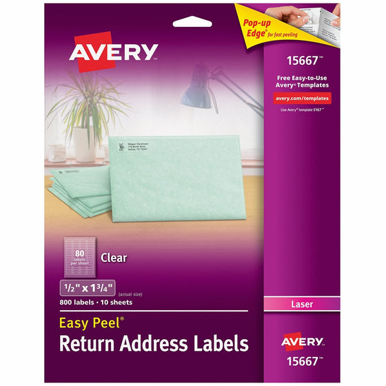 Avery Matte Frosted Clear Return Address Labels for Laser Printers, 1/2" x 1-3/4", 800 Labels (15667)