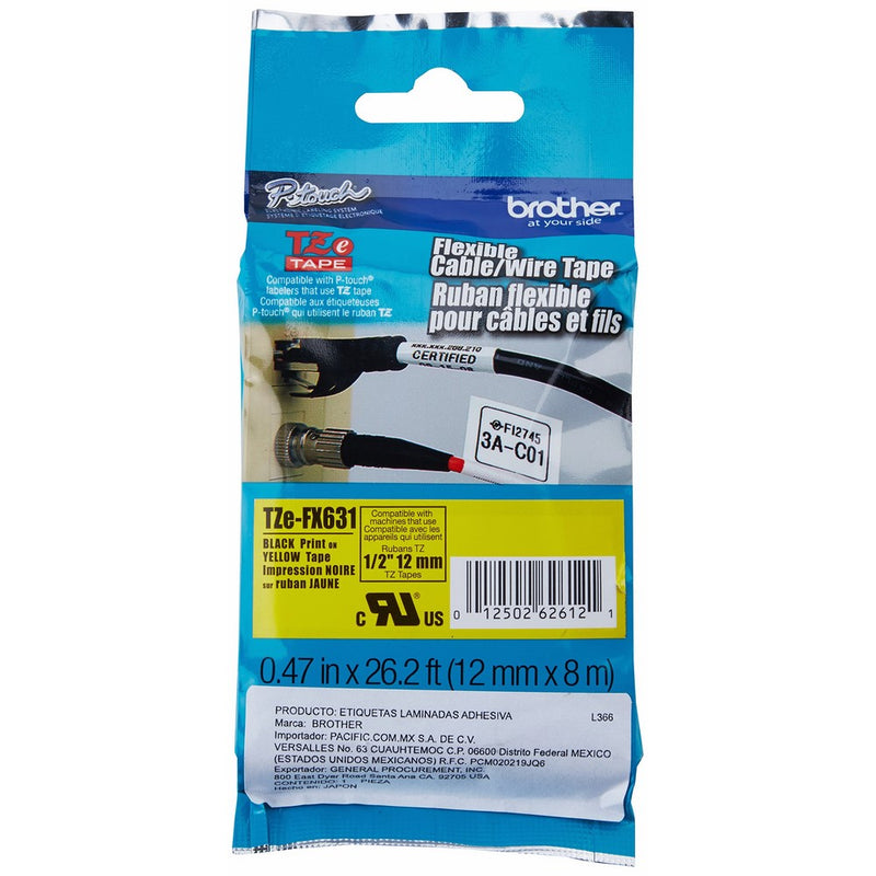 Brother Laminated Flexible ID Black on Yellow 1/2 Inch Tape - Retail Packaging (TZeFX631) - Retail Packaging