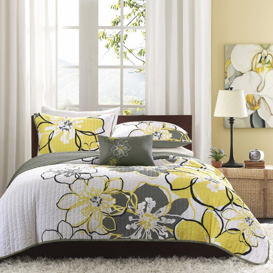 Mizone Allison 4 Piece Coverlet Set, Full/Queen, Yellow/Grey