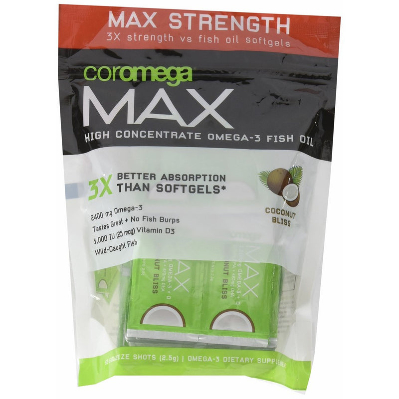 Coromega Max Super High Omega-3 Fish Oil Squeeze Packets, DHA and EPA, Coconut Bliss, 60-Count