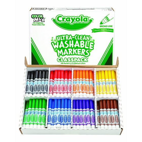 Crayola Ultra Clean Washable Markers Bulk, 200 Count Classpack, 8 Assorted Colors