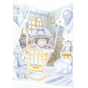 Boston International Santoro Baby Boy Cradle 3-D Interactive Swing Greeting Card