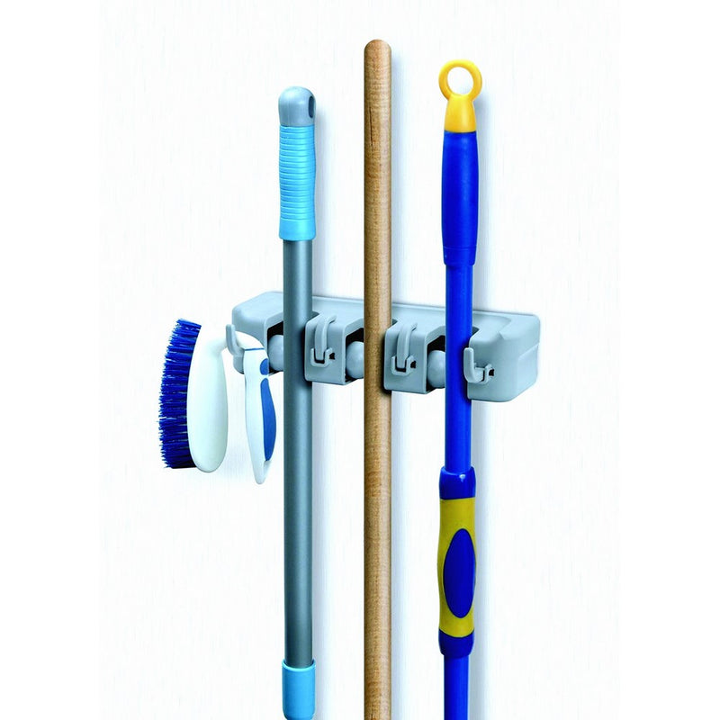 Superio Mop And Broom Holder, Wall Organizer, 3 Slots and 4 Hooks, White