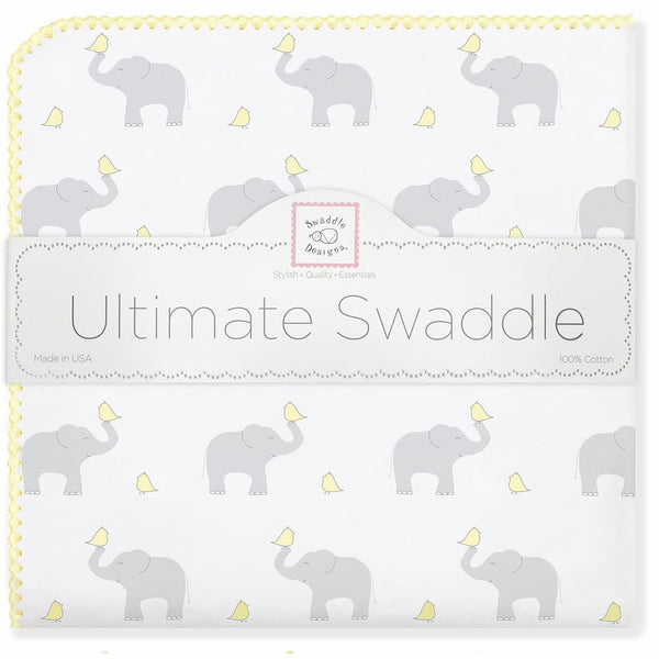 SwaddleDesigns Ultimate Swaddle Blanket, Made in USA Premium Cotton Flannel, Elephant and Pastel Yellow Chickies