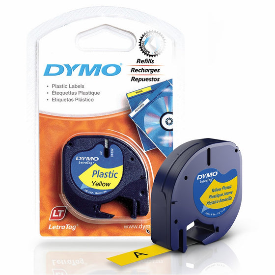 DYMO LetraTag Labeling Tape for LetraTag Label Makers, Black print on Yellow tape, 1/2'' W x 13' L, 1 roll (91332)