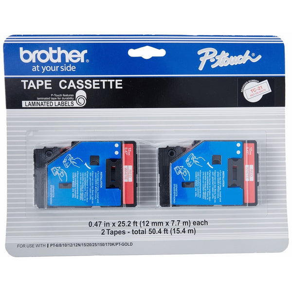 Brother Printer P-Touch TC21 TC Tape Cartridges for P-Touch Labelers, 1/2w, Red on White, 2/Pack (BRTTC21)