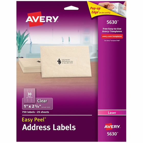 Avery Matte Frosted Clear Address Labels for Laser Printers, 1" x 2-5/8", 750 Labels (5630)