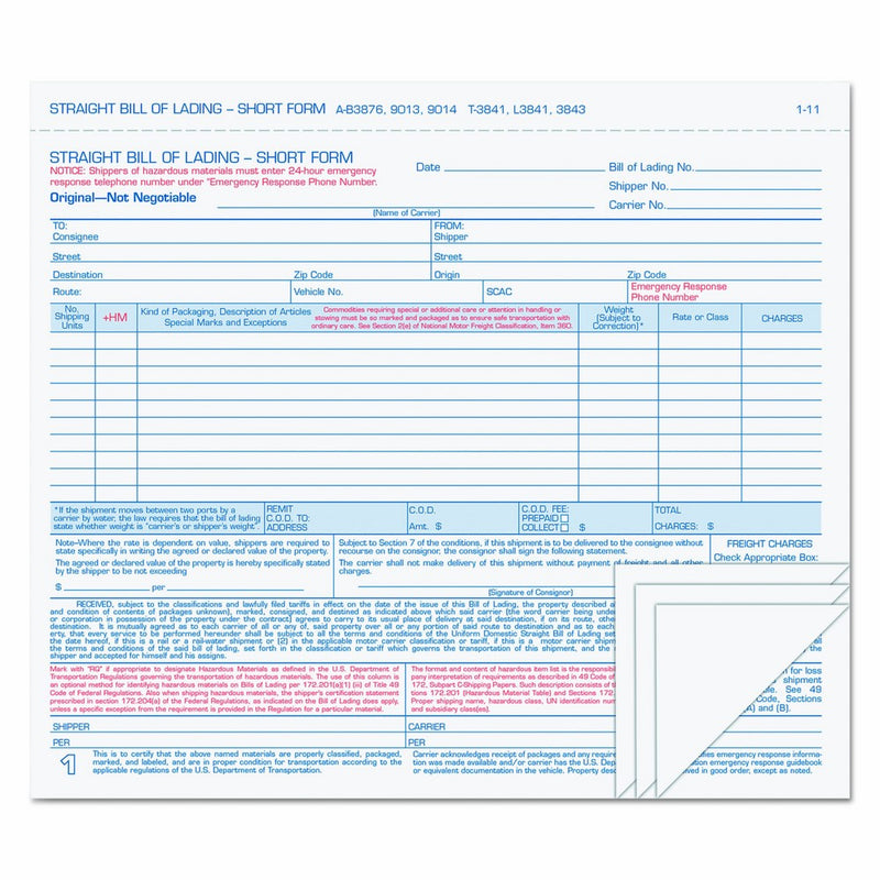 TOPS 4-Part Carbonless Bill of Lading Forms, 8.5 x 7.63 Inches, Simplified Format, Hazmat, 50 Sheets, White, (3843)