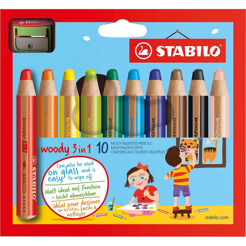 Stabilo Woody 3-in-1 Colored Pencils, 10 mm Lead - 10-Color Set