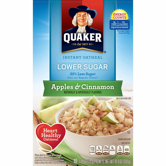 Quaker Instant Oatmeal, Lower Sugar, Apples & Cinnamon, Breakfast Cereal, 1.09 ounce,10 count(Pack of 4)