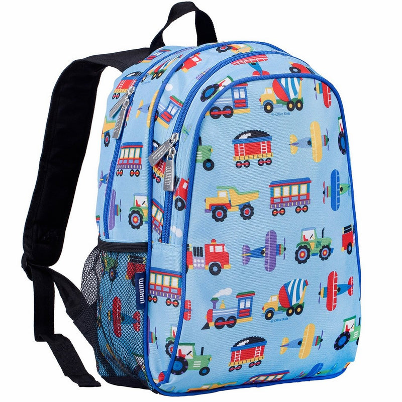Wildkin 15 Inch Backpack, Extra Durable Backpack with Padded Straps and Interior Moisture-Resistant Lining, Perfect for School or Travel, Olive Kids Design – Trains, Planes, & Trucks