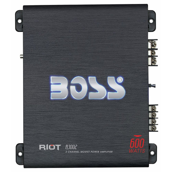 BOSS Audio R3002 - Riot 600 Watt, 2 Channel, 2/4 Ohm Stable Class A/B, Full Range, Bridgeable, MOSFET Car Amplifier with Remote Subwoofer Control