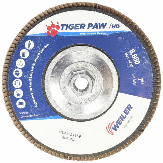 Weiler 51169 Tiger Paw XHD Super High Density Abrasive Flap Disc, Type 27 Flat Style, Phenolic Backing, Zirconia Alumina, 7" Diameter, 5/8"-11 Arbor, 60 Grit, 8600 RPM (Pack of 10)