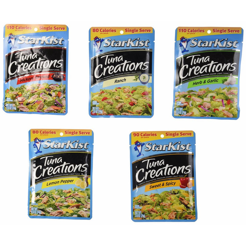 Starkist Tuna Creations Variety Bundle, Single Serve 2.6-Ounce Pouch (Pack of 5) includes 1-Pouch Sweet & Spicy 1-Pouch Hickory Smoked 1-Pouch Herb & Garlic 1-Pouch Ranch 1-Pouch Lemon Pepper