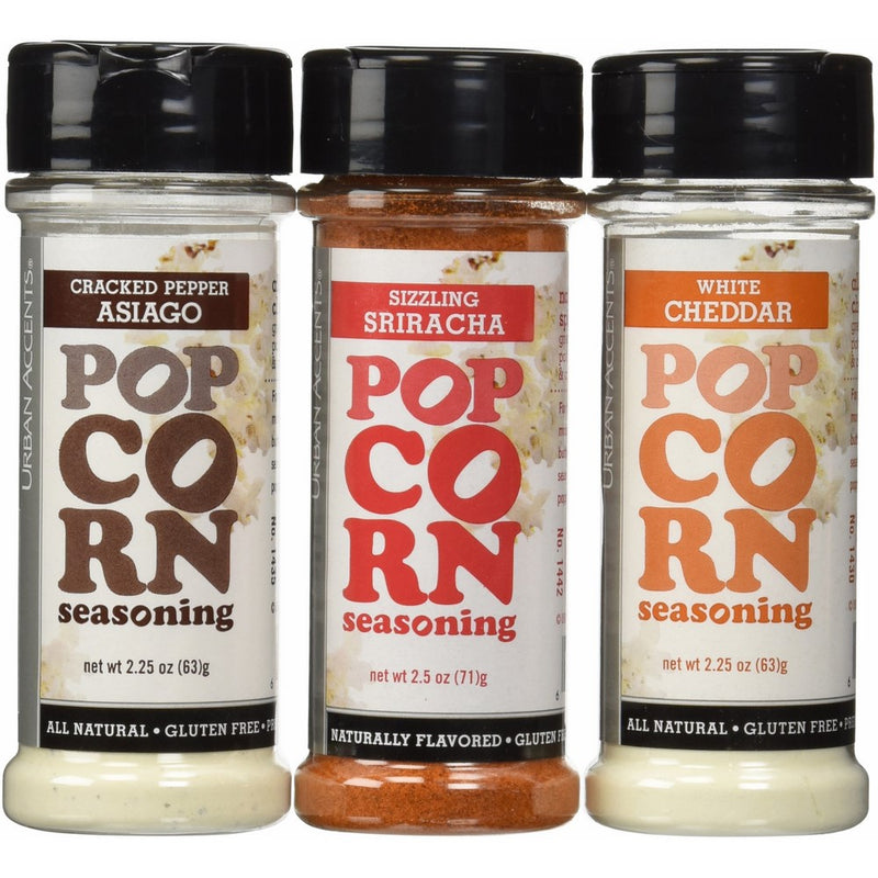 Urban Accents All Natural Gluten Free Premium Popcorn Seasoning Variety Pack - Cracked Pepper Asiago, Sizzling Sriracha, White Cheddar
