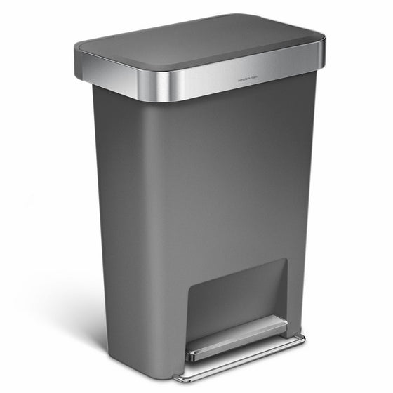 simplehuman 45 Liter/12 Gallon Rectangular Kitchen Step Trash Can with Liner Pocket, Grey Plastic With Stainless Steel Liner Rim And Step Pedal
