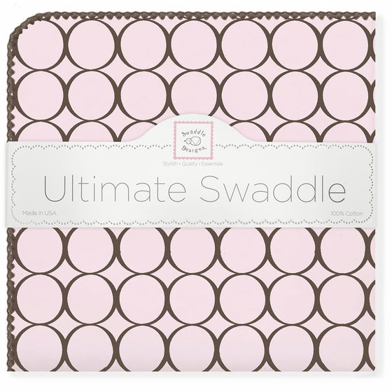 SwaddleDesigns Ultimate Swaddle Blanket, Made in USA Premium Cotton Flannel, Brown Mod Circles on Pastel Pink