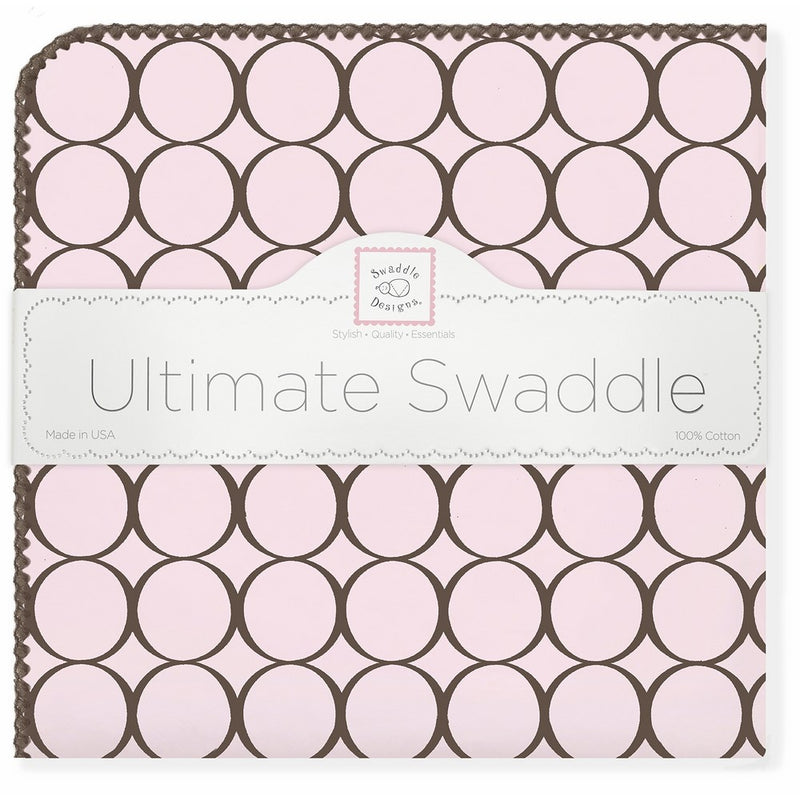 SwaddleDesigns Ultimate Swaddle Blanket, Made in USA Premium Cotton Flannel, Brown Mod Circles on Pastel Pink