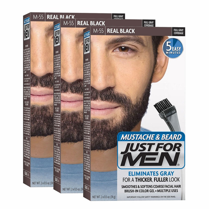 Just For Men Mustache & Beard Brush-In Color Gel, Real Black (Pack of 3, Packaging May Vary)