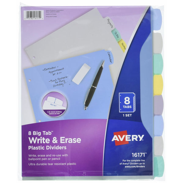 Avery Big Tab Write & Erase Durable Plastic Dividers, 8 Multicolor Tabs, 1 Set (16171)