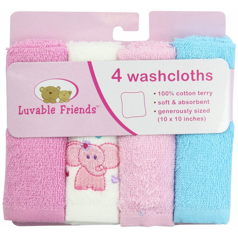 Luvable Friends 4 Pack Super-Soft Washcloths, Pink Elephant