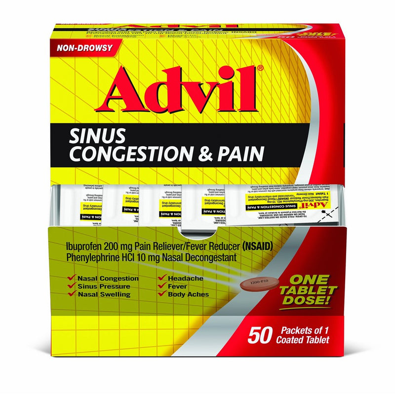 Advil Sinus Congestion & Pain (50 Count) Pain Reliever/Fever Reducer Coated Tablet, 200mg Ibuprofen, Nasal Decongestant, Sinus Pressure