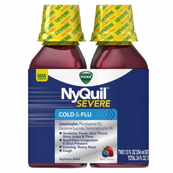 Vicks NyQuil SEVERE Cough Cold and Flu Nighttime Relief Berry Flavor Liquid Twin Pack, 2x12