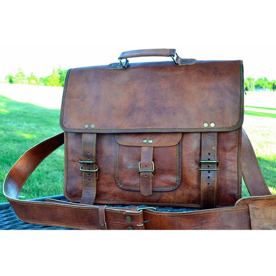 PL 16 Inch Vintage Leather Messenger Bag Briefcase / Fits upto 15.6 Inch Laptop CYBER MONDAY SALE