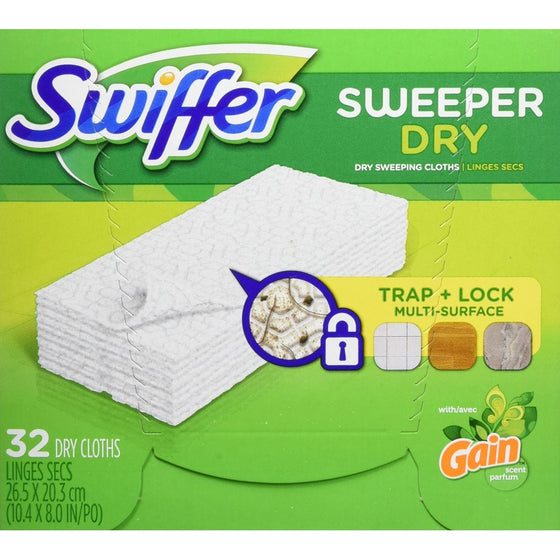 Swiffer Sweeper Dry Sweeping Pad Refills, Hardwood Floor Mop Cleaner Cloth Refill, Gain Scent, 32 Count