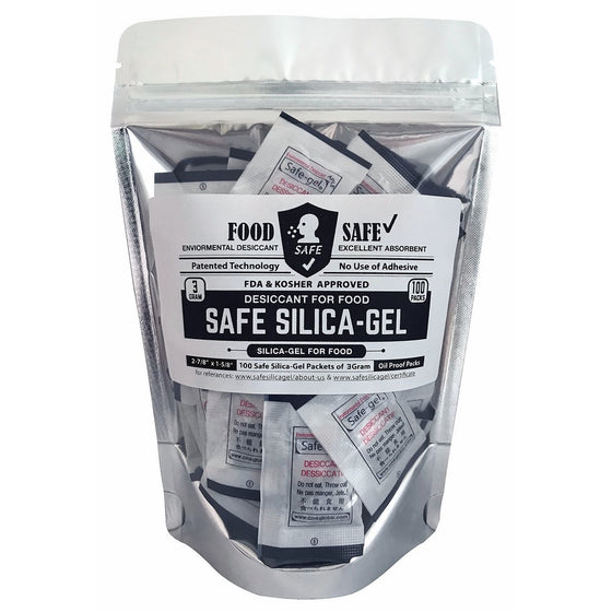 Safe Silica-Gel for Food, 3 Gram [100 Packs], Food Safe Desiccant, Dehumidifiers, Moisture Absorption by Safe-Gel (FDA, TUV & Kosher Approved)
