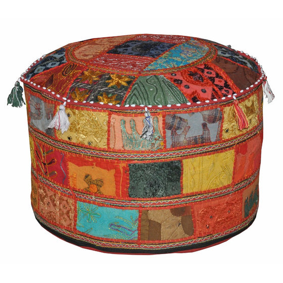 Indian Pouf Stool Vintage Patchwork Embellished with Patchwork Living Room Ottoman Cover, 23 X 13 Inches, Only Cover, Filler not Included