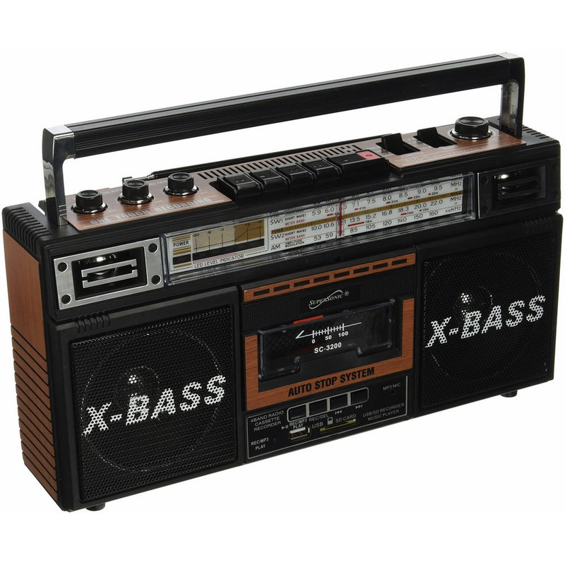 SuperSonic Retro Collection Boom Box with AM/FM/ SW-1 - SW2 4-band Radio and Cassette to MP3 Converter,SC-3200 (Wood)