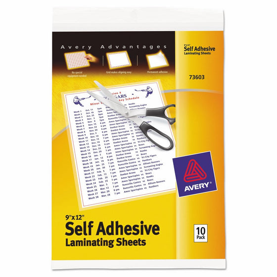 Avery Self-Adhesive Laminating Sheets, 9" x 12", Permanent Adhesive, 10 Clear Laminating Sheets (73603)