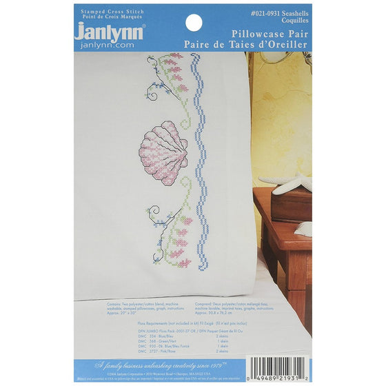 Janlynn Stamped Cross Stitch Kit, Seashells Pillowcase Pair