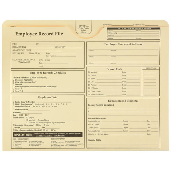 Quality Park Employee Record Folder, Top Tab, Letter, Manila, Pack of 20 (69998)