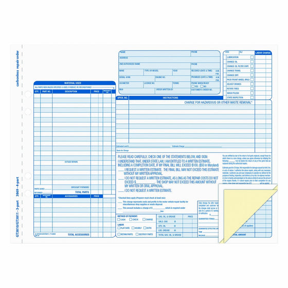 TOPS 3869 Auto Repair Four-Part Order Form, 8 1/2 x 11, Four-Part Carbonless (Pack of 50 Forms)