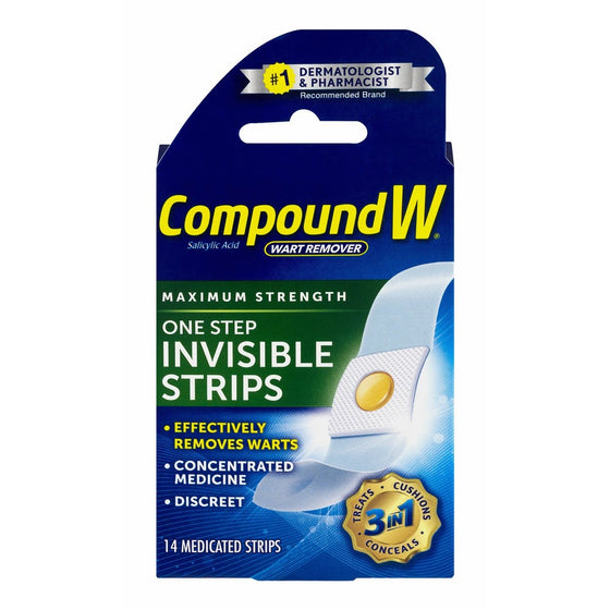 Compound W One Step-Maximum Strength, Medicated, Waterproof- Invisible Strips -Effectively Removes Warts, 14 Count