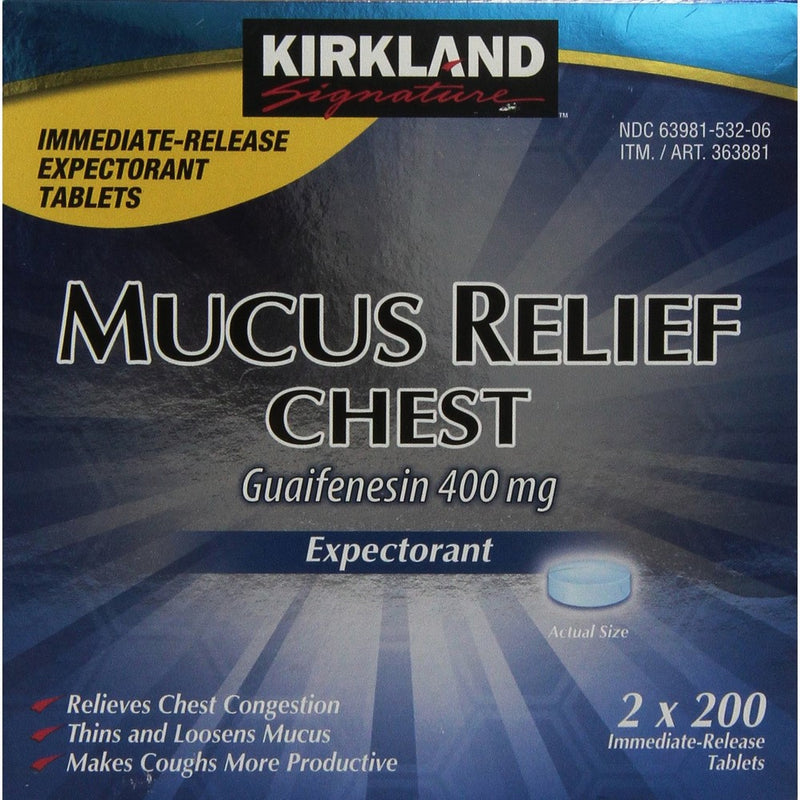 Kirkland Signature Mucus Relief Chest Expectorant (Guaifenesin 400 Mg), 2 bottles of 200-Count Immediate-Release Tablets