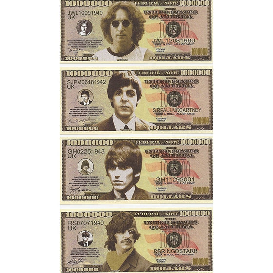 The Beatles $Million Dollar$ Novelty Bills Complete Set of 4