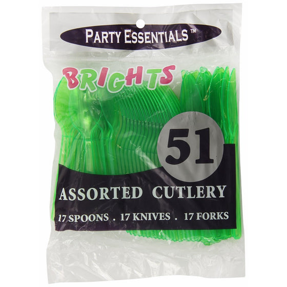 Party Essentials Hard Plastic Cutlery Combo Pack, 51 Pieces/17 Place Settings, Neon Green