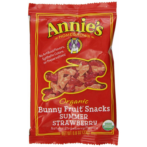 Annie's Organic Bunny Fruit Snacks, Summer Strawberry, 18 Pouches, 0.8 oz Each