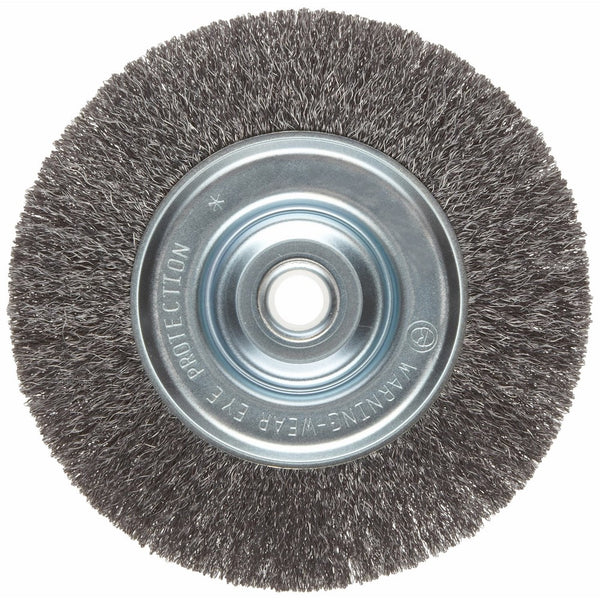 Weiler Vortec Pro Narrow Face Wire Wheel Brush, Round Hole, Carbon Steel, Crimped Wire, 6" Diameter, 0.008" Wire Diameter, 5/8-1/2" Arbor, 6000 rpm