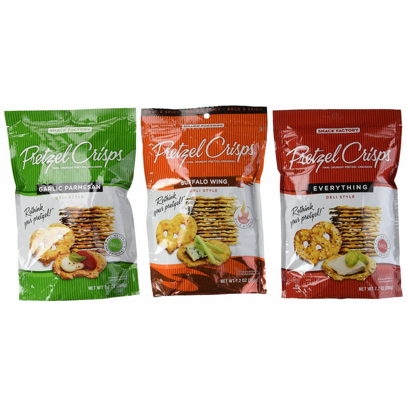 Snack Factory Deli Style Pretzel Crisps 3 Flavor Variety Bundle: (1)Everything, (1) Garlic Parmesan, and (1) Buffalo Wing, 7.2 Oz. Ea.