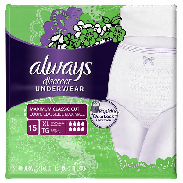 Always Discreet, Incontinence Underwear for Women, Maximum Classic Cut, Extra-Large, 15 Count