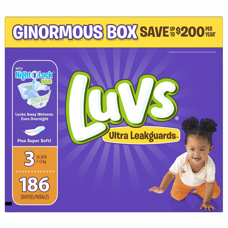 Luvs Ultra Leakguards Disposable Diapers Size 3, 186 Count, ONE MONTH SUPPLY